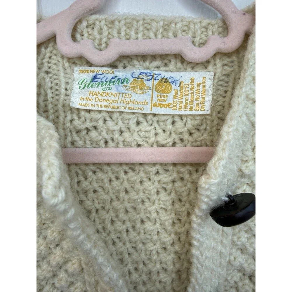 Vintage Glenairn Kids Wool Aran Sweater Hand Knit Ireland Cream Cardigan